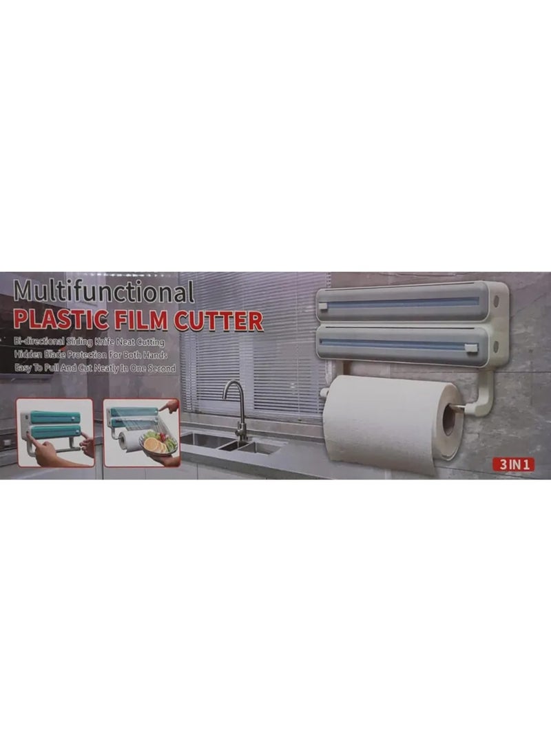 DubaiGallery قاطع وموزع لفائف البلاستيك 3 في 1 مع حماية شفرة الأمان، تصميم موفر للمساحة مثبت على الحائط للاستخدام مع ورق الألمنيوم ولفائف الفيلم اللاصق وورق المطبخ - Image 3